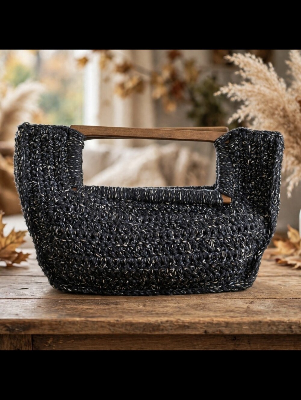 Handmade Black Crochet Tote Bag with Wooden Handles | Boho Knit Purse